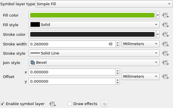 QgsLayerPropertiesWidget showing a simple fill symbol layer
