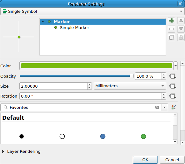 QgsRendererPropertiesDialog showing a QgsSingleSymbolRenderer in the default (dialog) mode