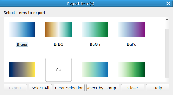 QgsStyleExportImportDialog showing the export mode