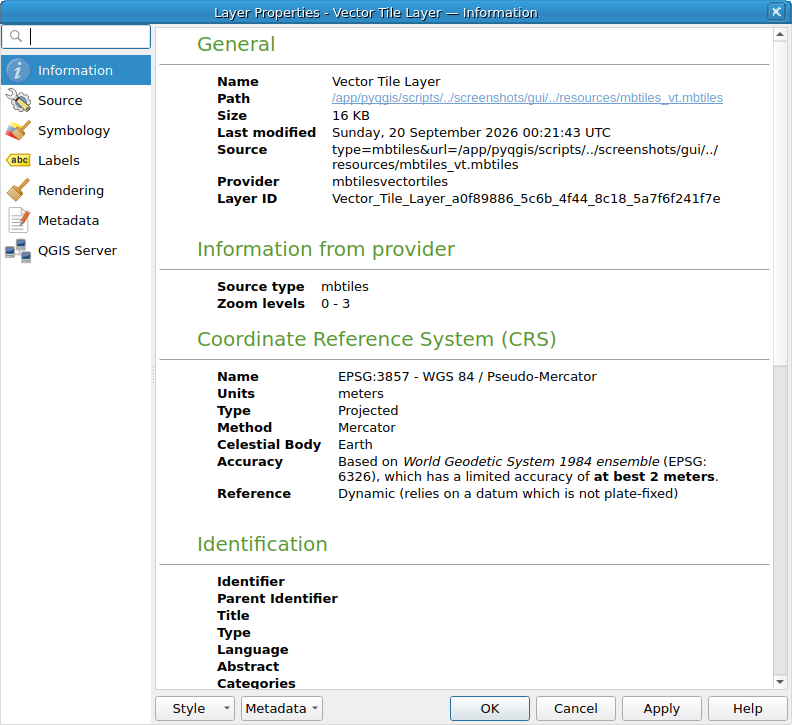 QgsVectorTileLayerProperties showing the 'Information' page