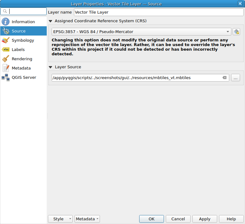 QgsVectorTileLayerProperties showing the 'Source' page