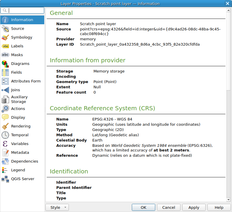 QgsVectorLayerProperties showing the 'Information' page